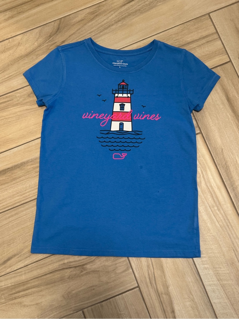 Vineyard Vines Girls' Royal Blue Lighthouse Tee with Pink Script